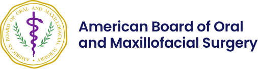 The image features a logo with text that reads  AMERICAN BOARD OF ORAL AND MAXILLOFACIAL SURGERY  along with other smaller text, set against a background that includes a circular emblem with a laurel wreath and an olive branch motif.
