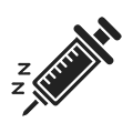 The image displays a black stylized syringe icon with a small white bed graphic inside it, suggesting a humorous connection between medication and sleep.
